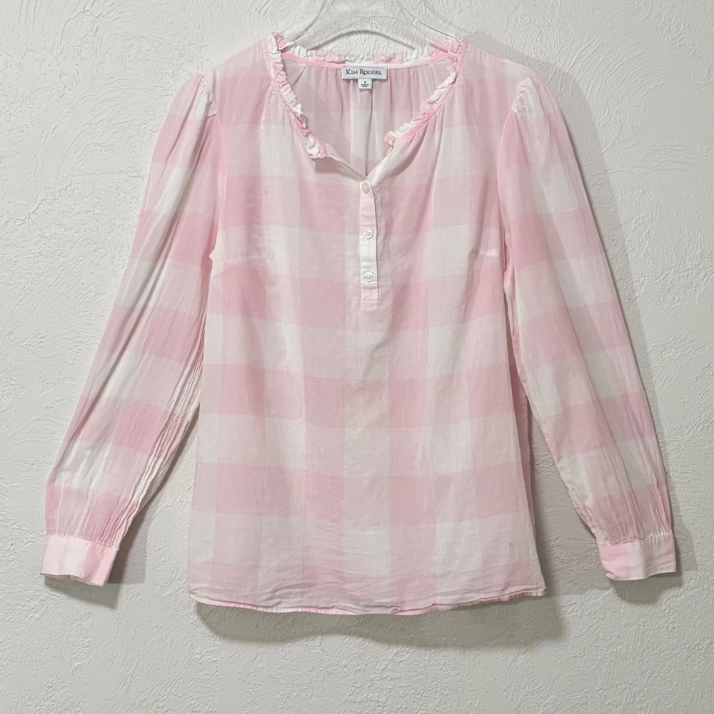Kim Rogers Blouse Women Small Pink Buffalo Plaid Ruffle Neck Cotton Top